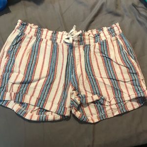 Cream, blue and orange striped linen shorts